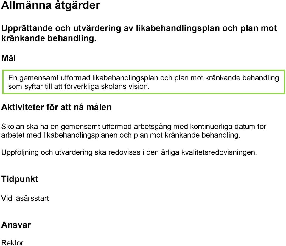 Aktiviteter för att nå målen Skolan ska ha en gemensamt utformad arbetsgång med kontinuerliga datum för arbetet med