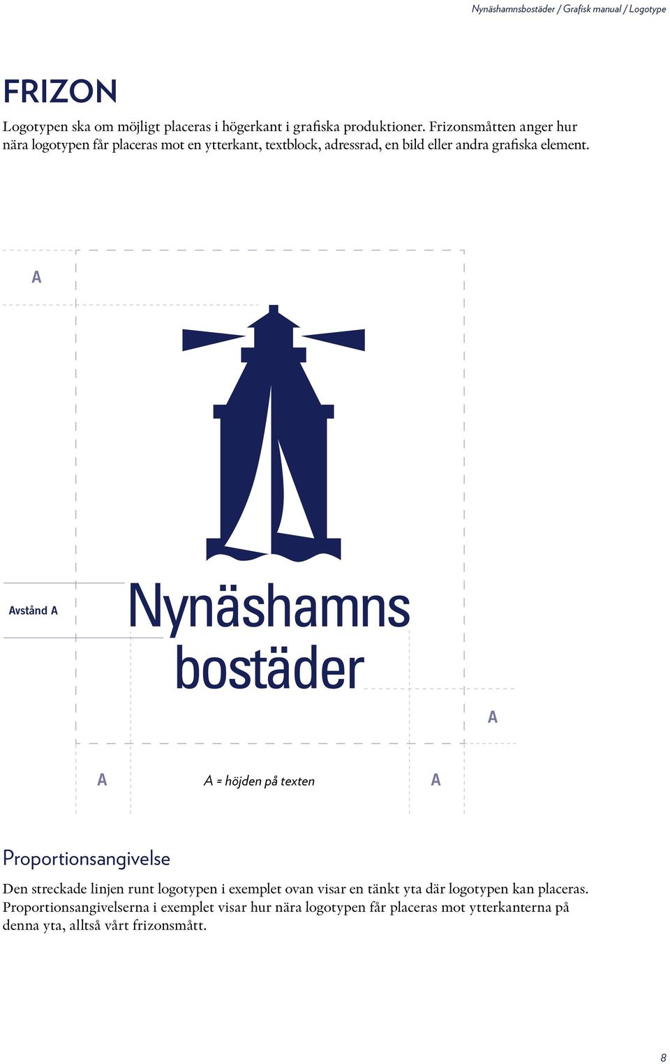 A Avstånd A A A A = höjden på texten A Proportionsangivelse Den streckade linjen runt logotypen i exemplet ovan visar en tänkt yta där