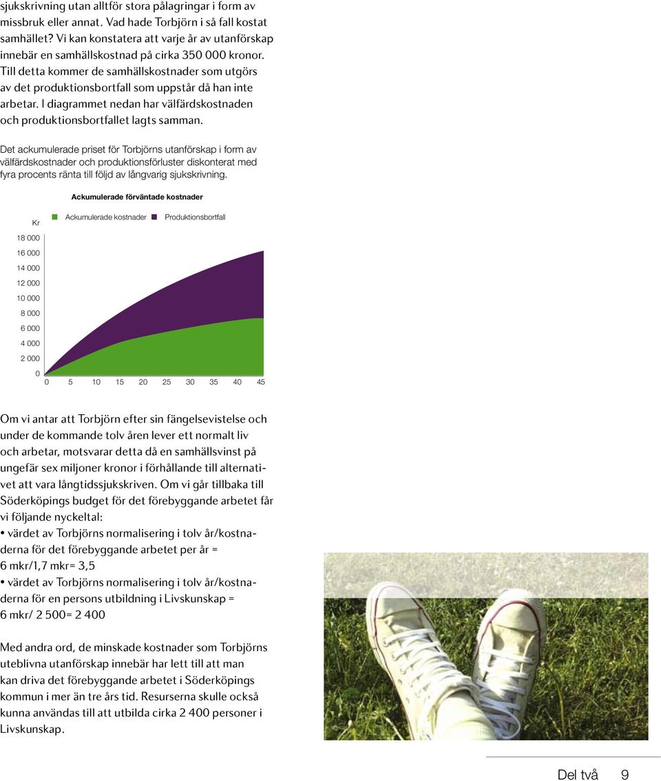 Till detta kommer de samhällskostnader som utgörs av det produktionsbortfall som uppstår då han inte arbetar. I diagrammet nedan har välfärdskostnaden och produktionsbortfallet lagts samman.