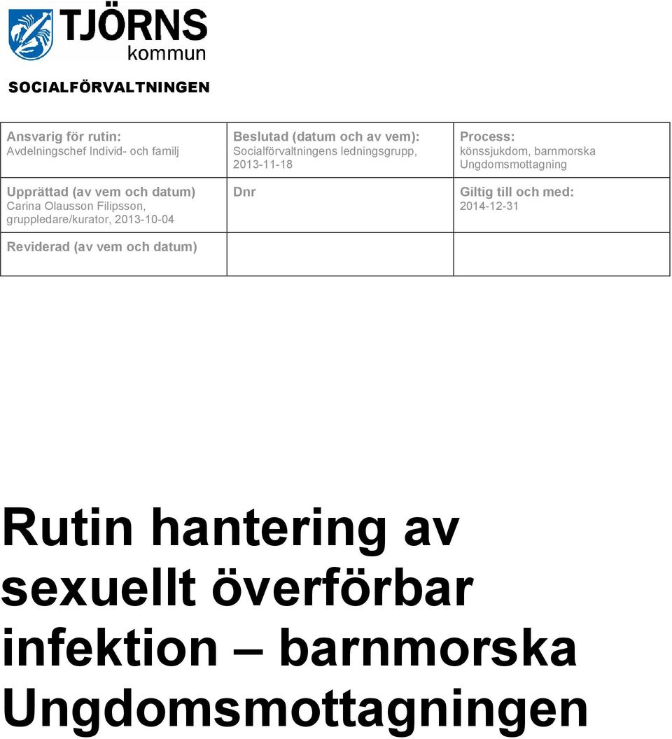 Socialförvaltningens ledningsgrupp, 2013-11-18 Dnr Process: könssjukdom, barnmorska Ungdomsmottagning