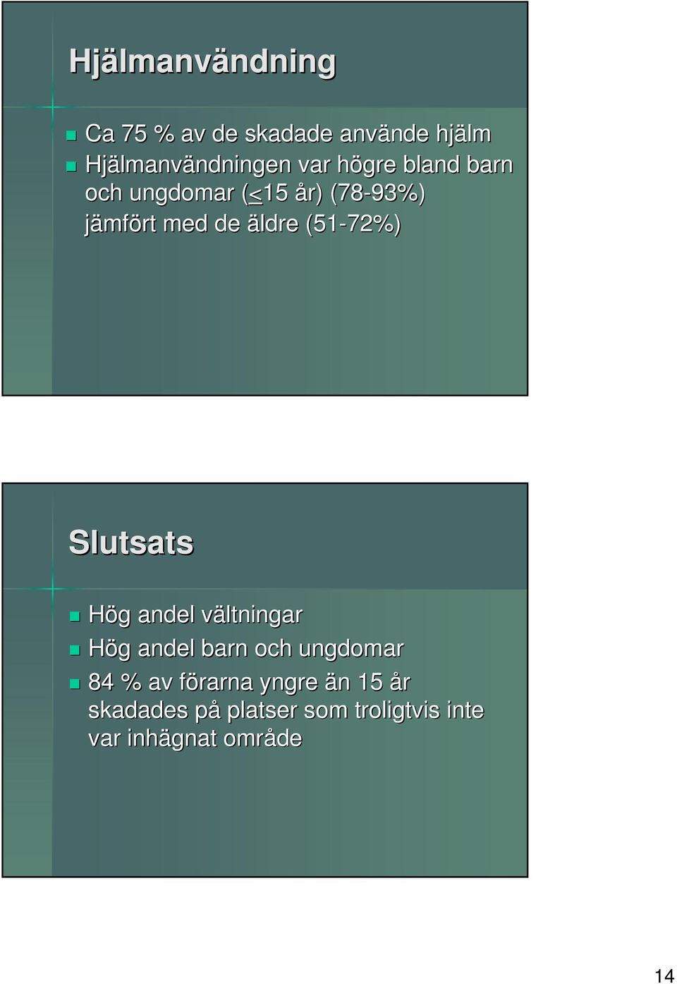 med de äldre (5-72%) Slutsats Hög g andel vältningar v Hög g andel barn och ungdomar