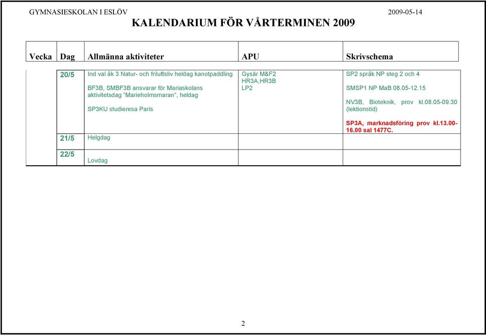 Gysär M&F2 SP2 språk NP steg 2 och 4 SMSP1 NP MaB 08.05-12.15 NV3B, Bioteknik, prov kl.