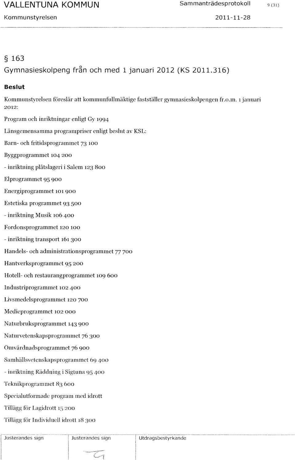 Elprogrammet 95 900 Energiprogrammet 101 900 Estetiska programmet 93 500 - inriktning Musik 106400 Fordonsprogrammet 120 100 - inriktning transport 161 300 Handels- och administrationsprogrammet 77