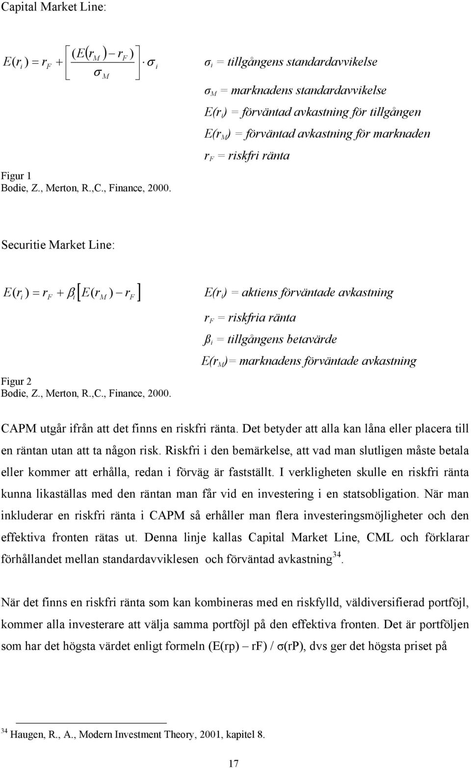 E(r i ) = aktiens förväntade avkastning i F i M F Figur 2 Bodie, Z., Merton, R.,C., Finance, 2000.