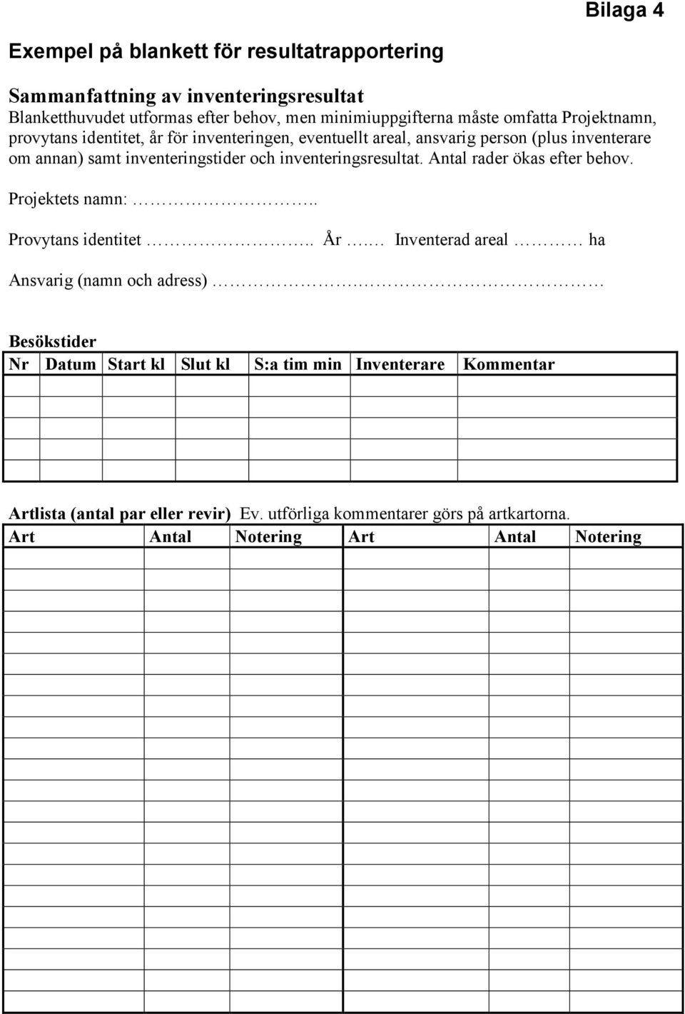 inventeringsresultat. Antal rader ökas efter behov. Projektets namn:.. Provytans identitet.. År. Inventerad areal ha Ansvarig (namn och adress).