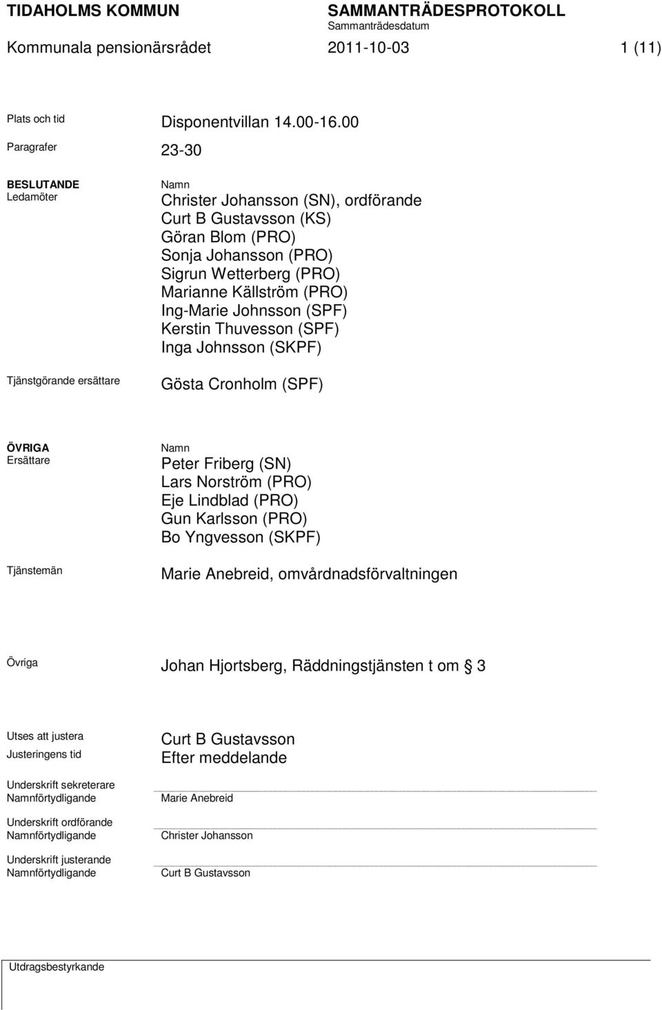 Marianne Källström (PRO) Ing-Marie Johnsson (SPF) Kerstin Thuvesson (SPF) Inga Johnsson (SKPF) Gösta Cronholm (SPF) ÖVRIGA Ersättare Tjänstemän Namn Peter Friberg (SN) Lars Norström (PRO) Eje