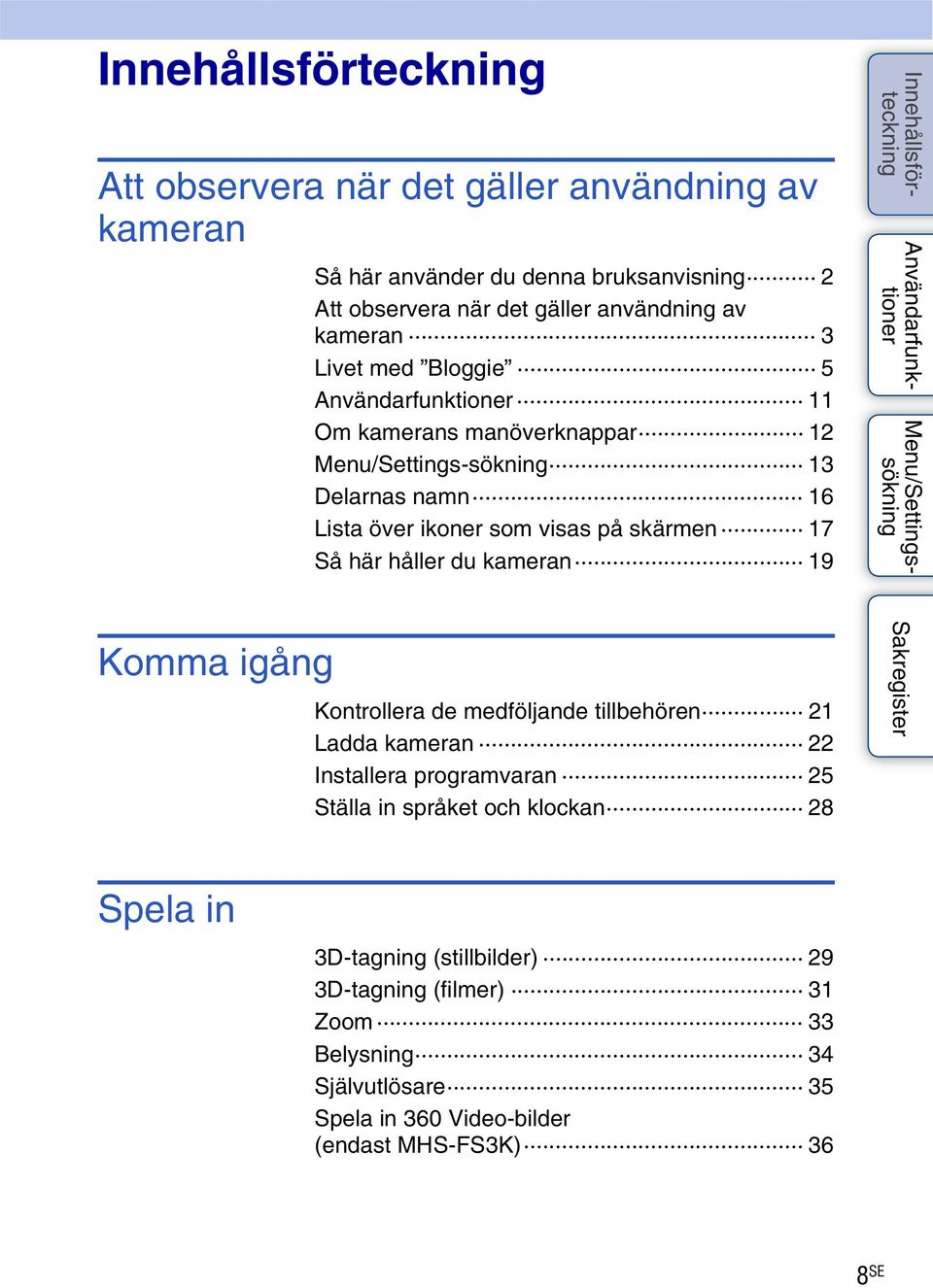 håller du kameran 19 Komma igång Kontrollera de medföljande tillbehören 21 Ladda kameran 22 Installera programvaran 25 Ställa in språket och