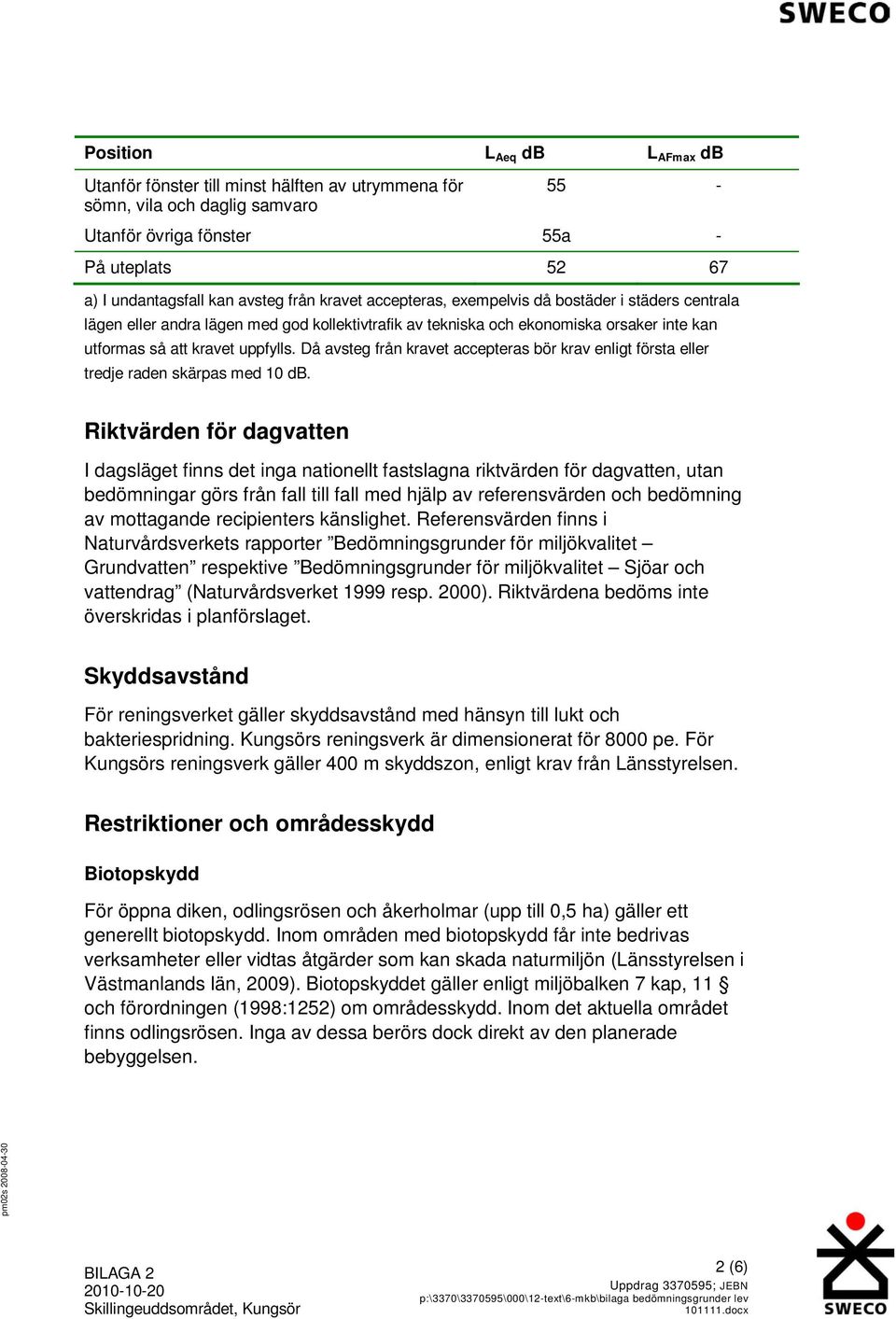 Då avsteg från kravet accepteras bör krav enligt första eller tredje raden skärpas med 10 db.