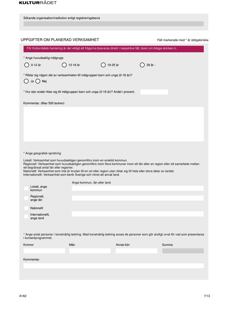 Ja Nej * Hur stor andel riktar sig till målgruppen barn och unga (0-18 år)? Andel i procent. Kommentar.