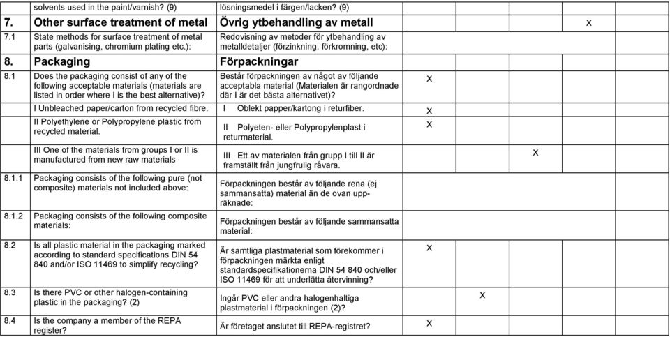 1 Does the packaging consist of any of the following acceptable materials (materials are listed in order where I is the best alternative)?