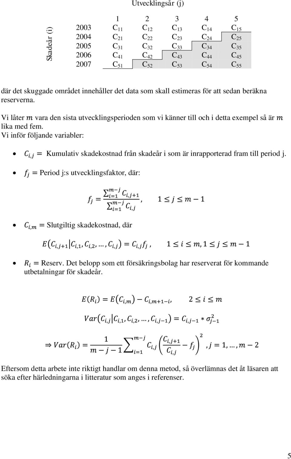 Vi inför följande variabler: Kumulativ skadekostnad från skadeår i som är inrapporterad fram till period j. Period j:s utvecklingsfaktor, där: Slutgiltig skadekostnad, där Reserv.