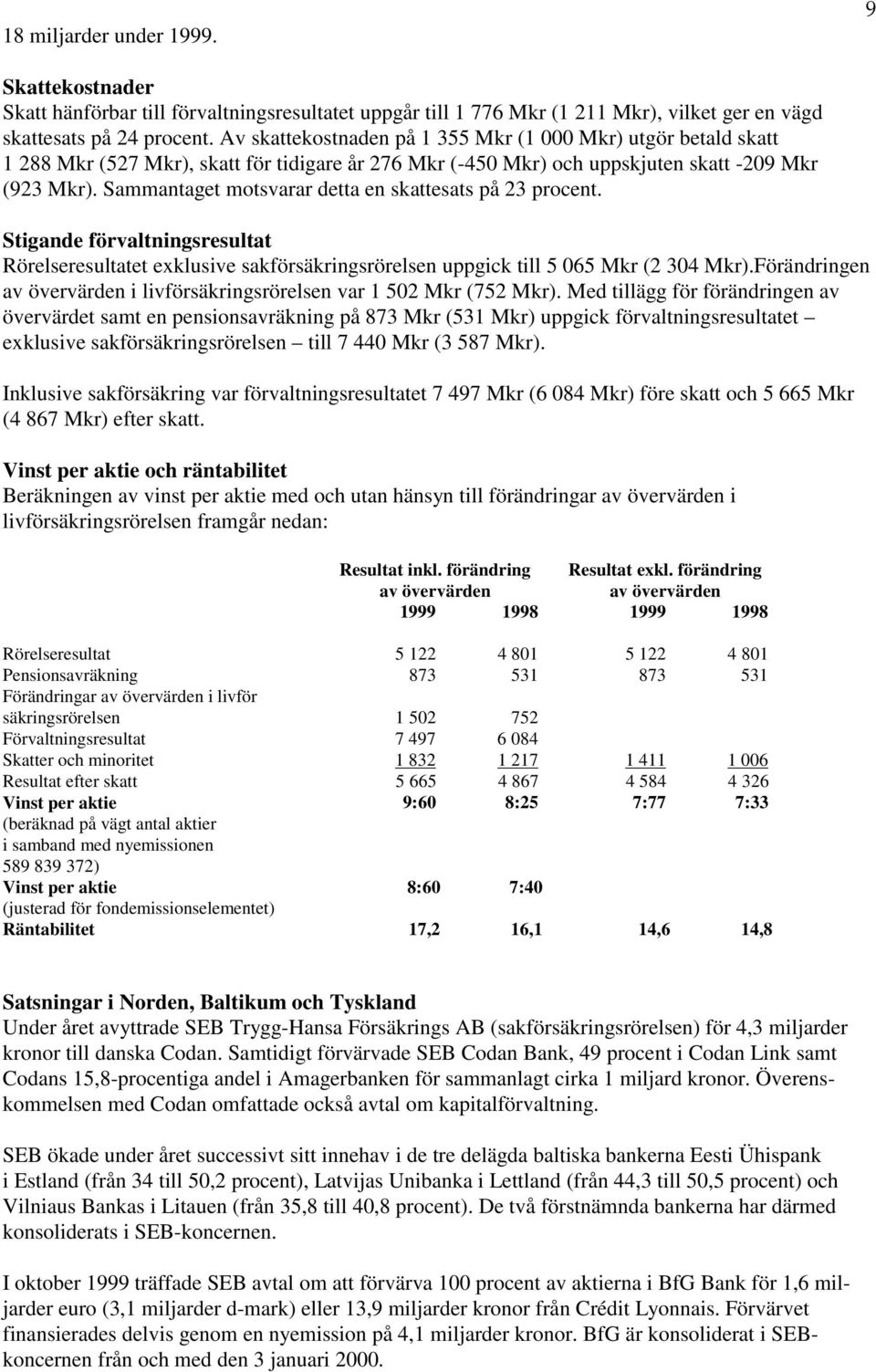 Sammantaget motsvarar detta en skattesats på 23 procent. Stigande förvaltningsresultat Rörelseresultatet exklusive sakförsäkringsrörelsen uppgick till 5 065 Mkr (2 304 Mkr).