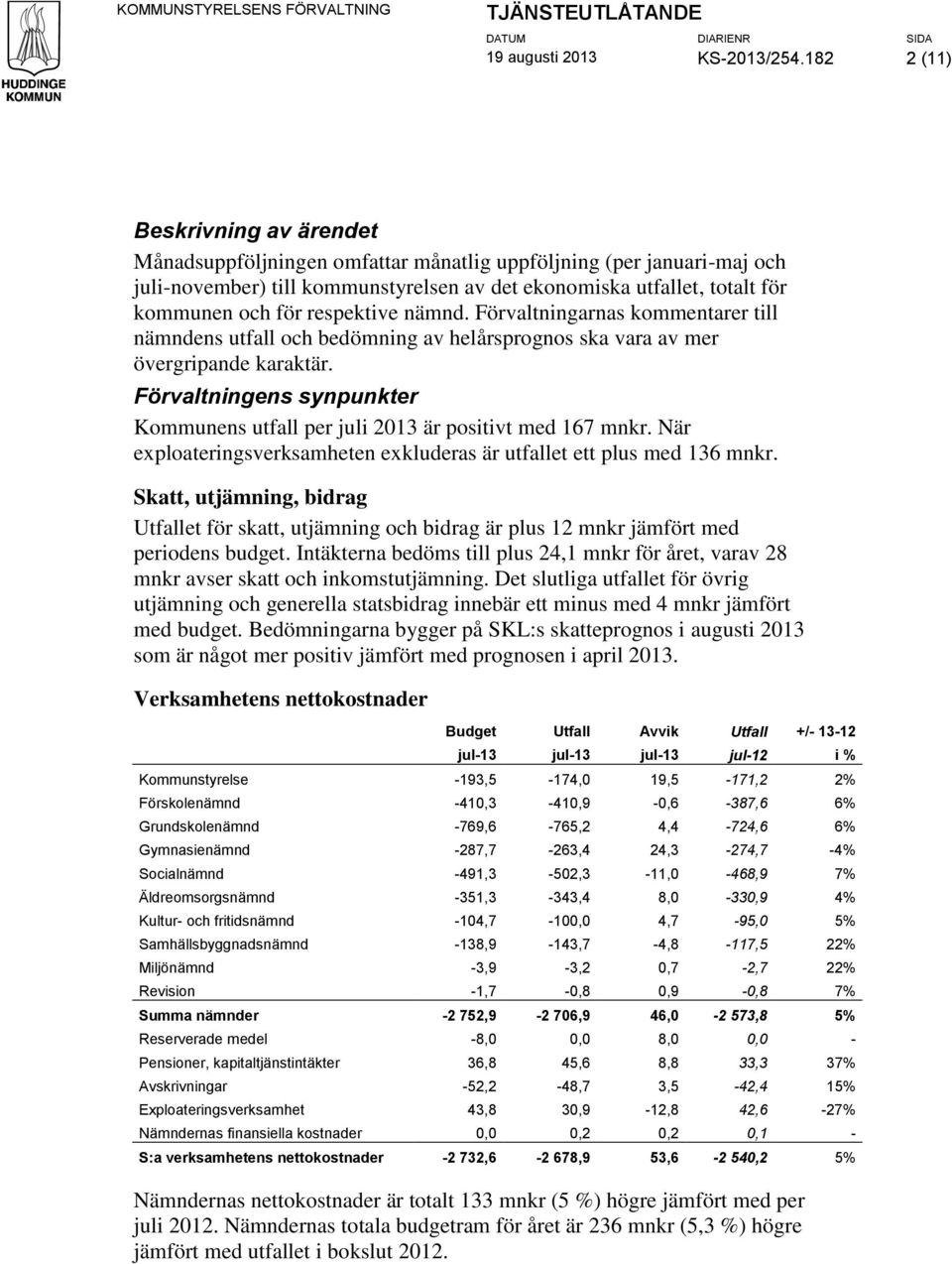 respektive nämnd. Förvaltningarnas kommentarer till nämndens utfall och bedömning av helårsprognos ska vara av mer övergripande karaktär.