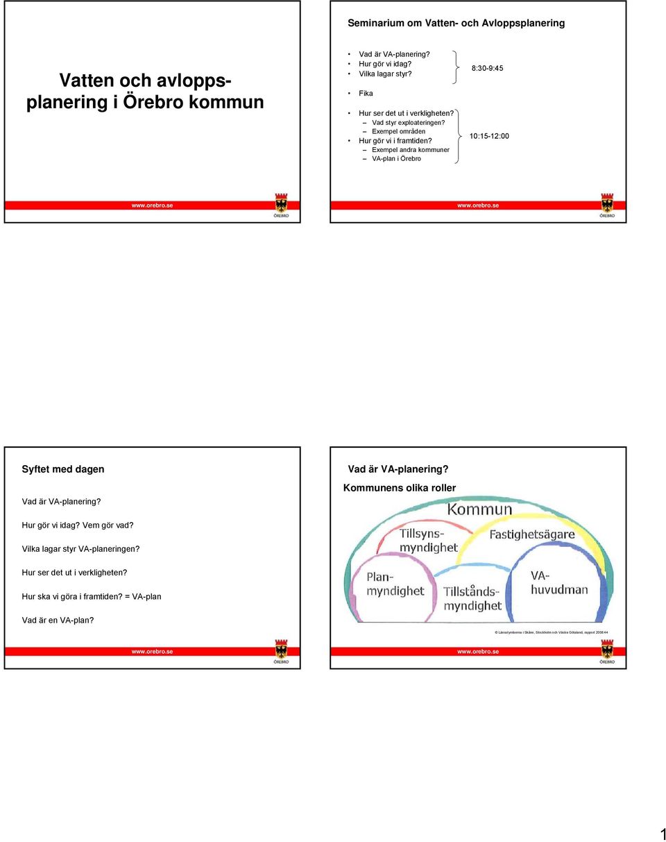 Exempel andra kommuner VA-plan i Örebro 8:30-9:45 10:15-12:00 Syftet med dagen Vad är VA-planering? Vad är VA-planering? Kommunens olika roller Hur gör vi idag?