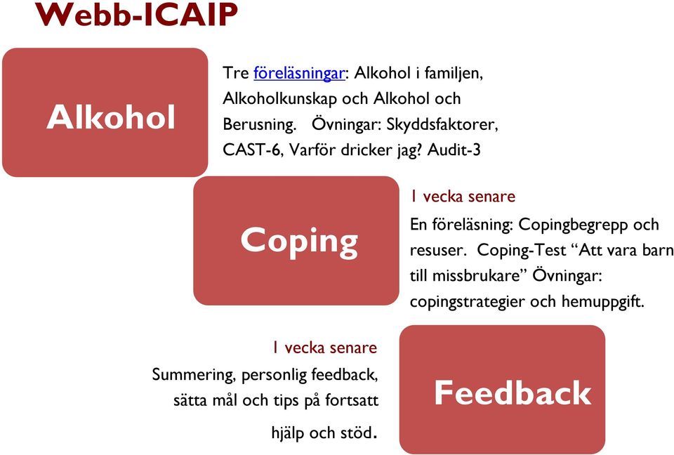 Audit-3 1 vecka senare Coping 1 vecka senare Summering, personlig feedback, sätta mål och tips på