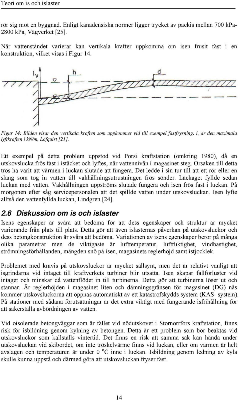 Figur 14: Bilden visar den vertikala kraften som uppkommer vid till exempel fastfrysning. i v är den maximala lyftkraften i kn/m, Löfquist [21].