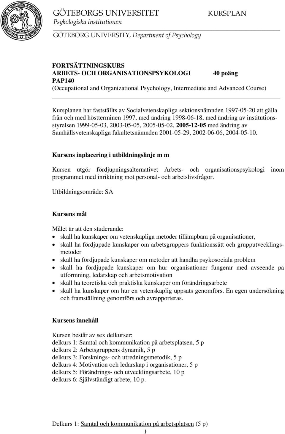 1998-06-18, med ändring av institutionsstyrelsen 1999-05-03, 2003-05-05, 2005-05-02, 2005-12-05 med ändring av Samhällsvetenskapliga fakultetsnämnden 2001-05-29, 2002-06-06, 2004-05-10.