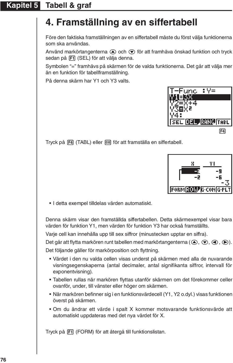 Det går att välja mer än en funktion för tabellframställning. På denna skärm har Y1 och Y3 valts. Tryck på 4 (TABL) eller w för att framställa en siffertabell.