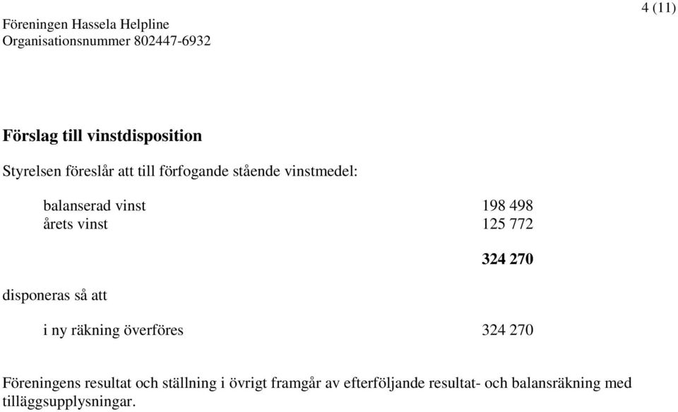 att 324 270 i ny räkning överföres 324 270 Föreningens resultat och ställning i