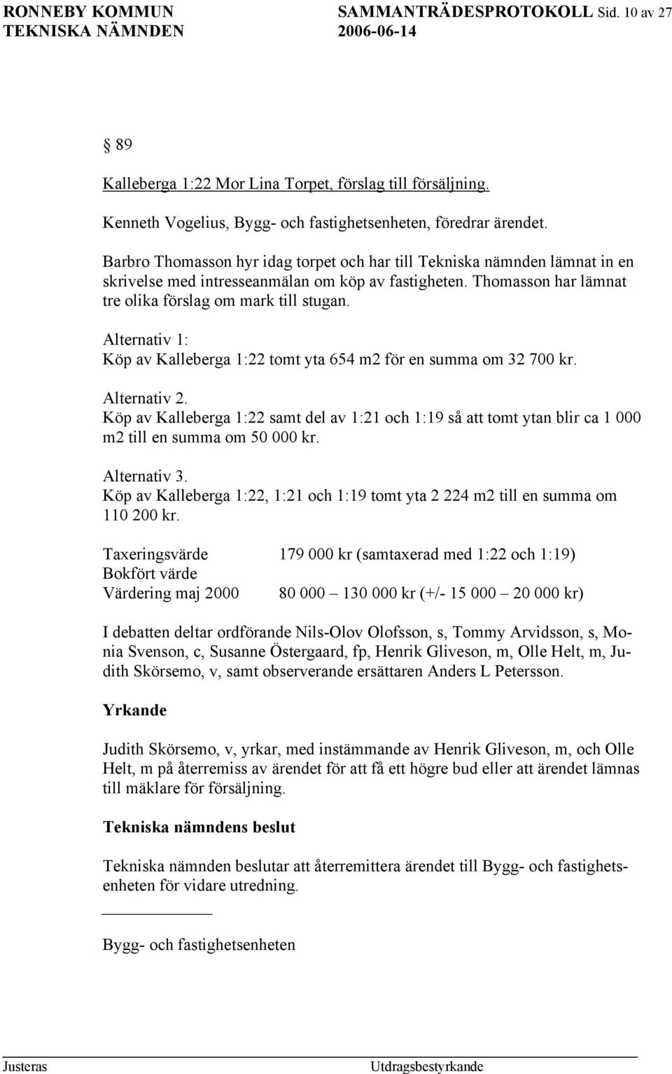 Alternativ 1: Köp av Kalleberga 1:22 tomt yta 654 m2 för en summa om 32 700 kr. Alternativ 2.