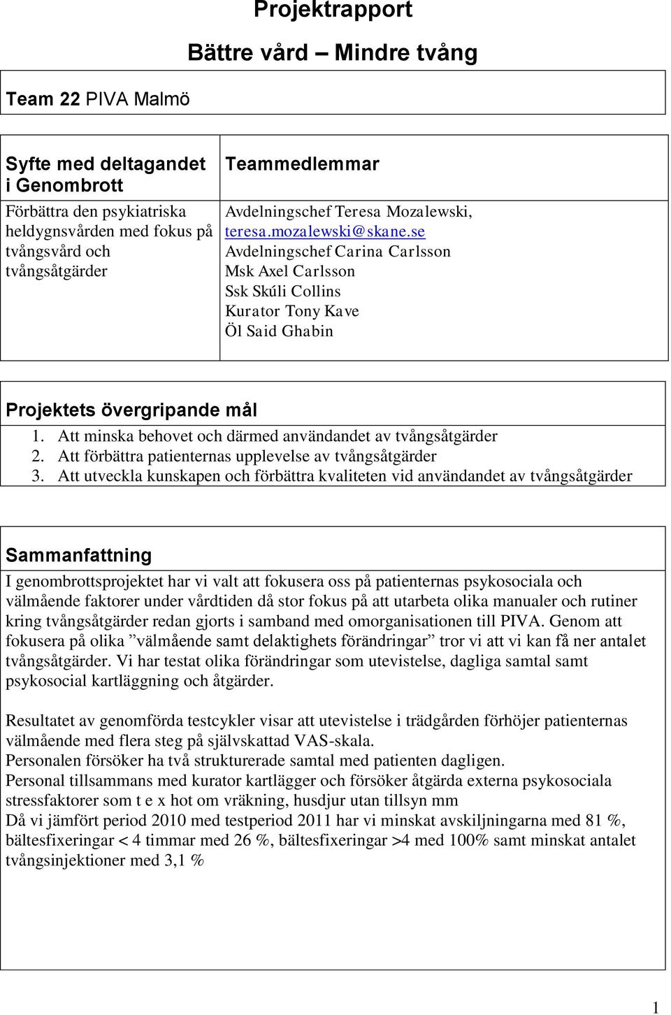 Att minska behovet och därmed användandet av tvångsåtgärder 2. Att förbättra patienternas upplevelse av tvångsåtgärder 3.