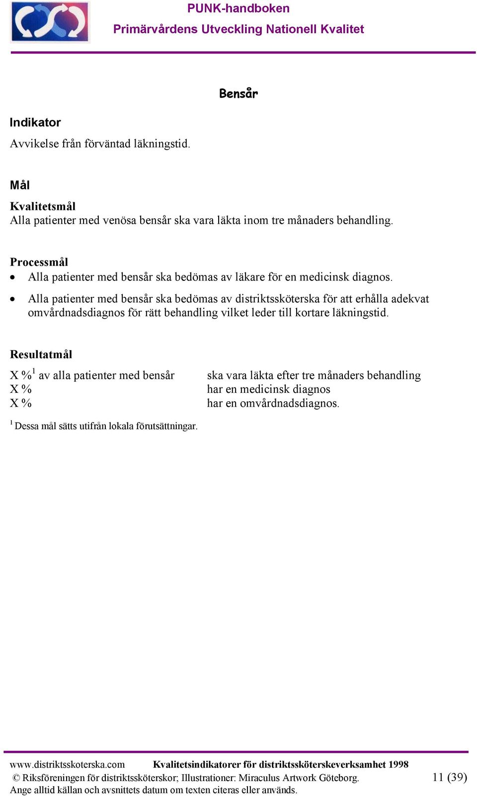 Alla patienter med bensår ska bedömas av distriktssköterska för att erhålla adekvat omvårdnadsdiagnos för rätt behandling vilket leder till kortare läkningstid.