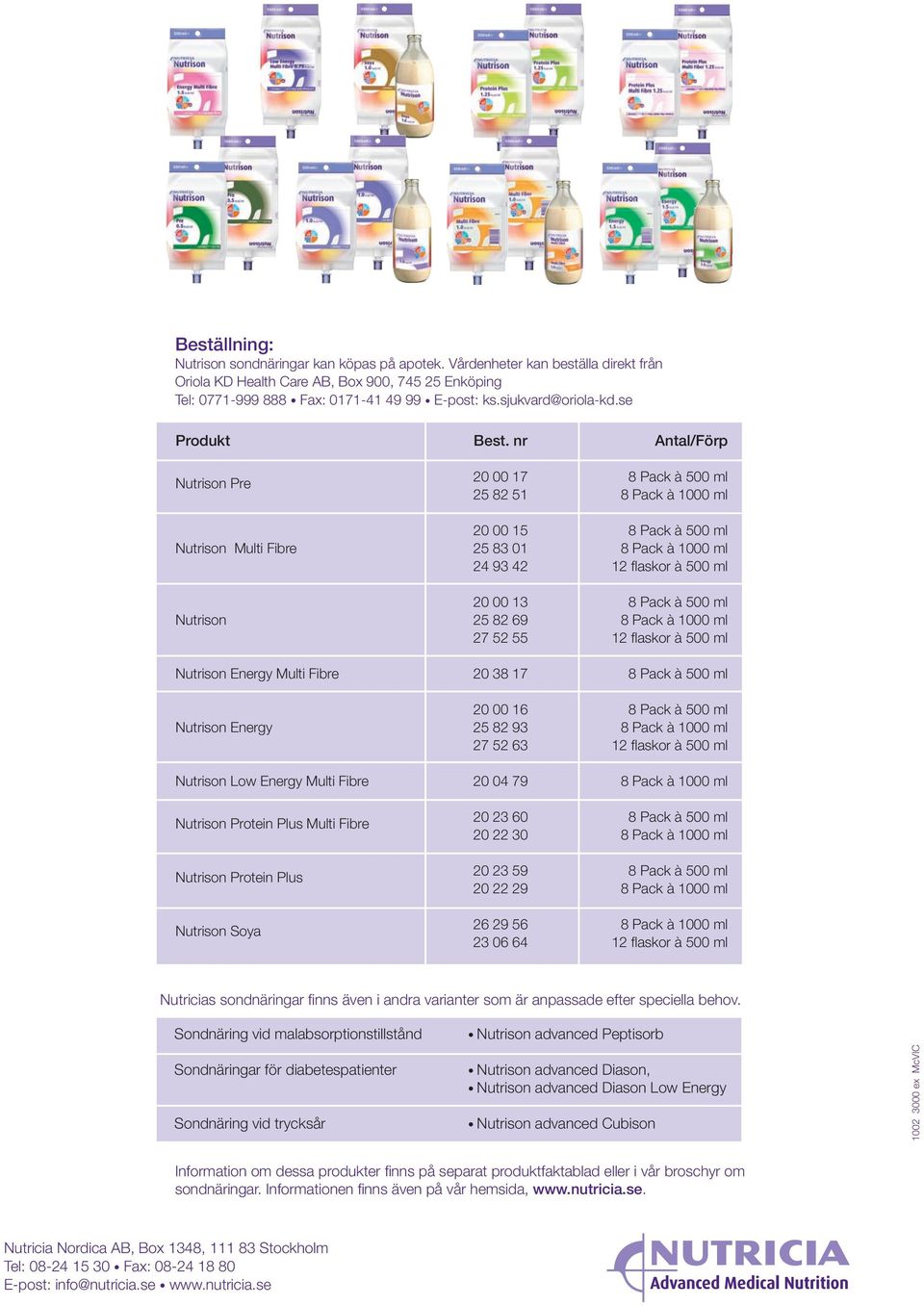 nr Antal/Förp Pre 20 00 17 8 Pack à 500 ml 25 51 8 Pack à 1000 ml 20 00 15 8 Pack à 500 ml 25 83 01 8 Pack à 1000 ml 24 93 42 12 flaskor à 500 ml 20 00 8 Pack à 500 ml 25 69 8 Pack à 1000 ml 52 55 12