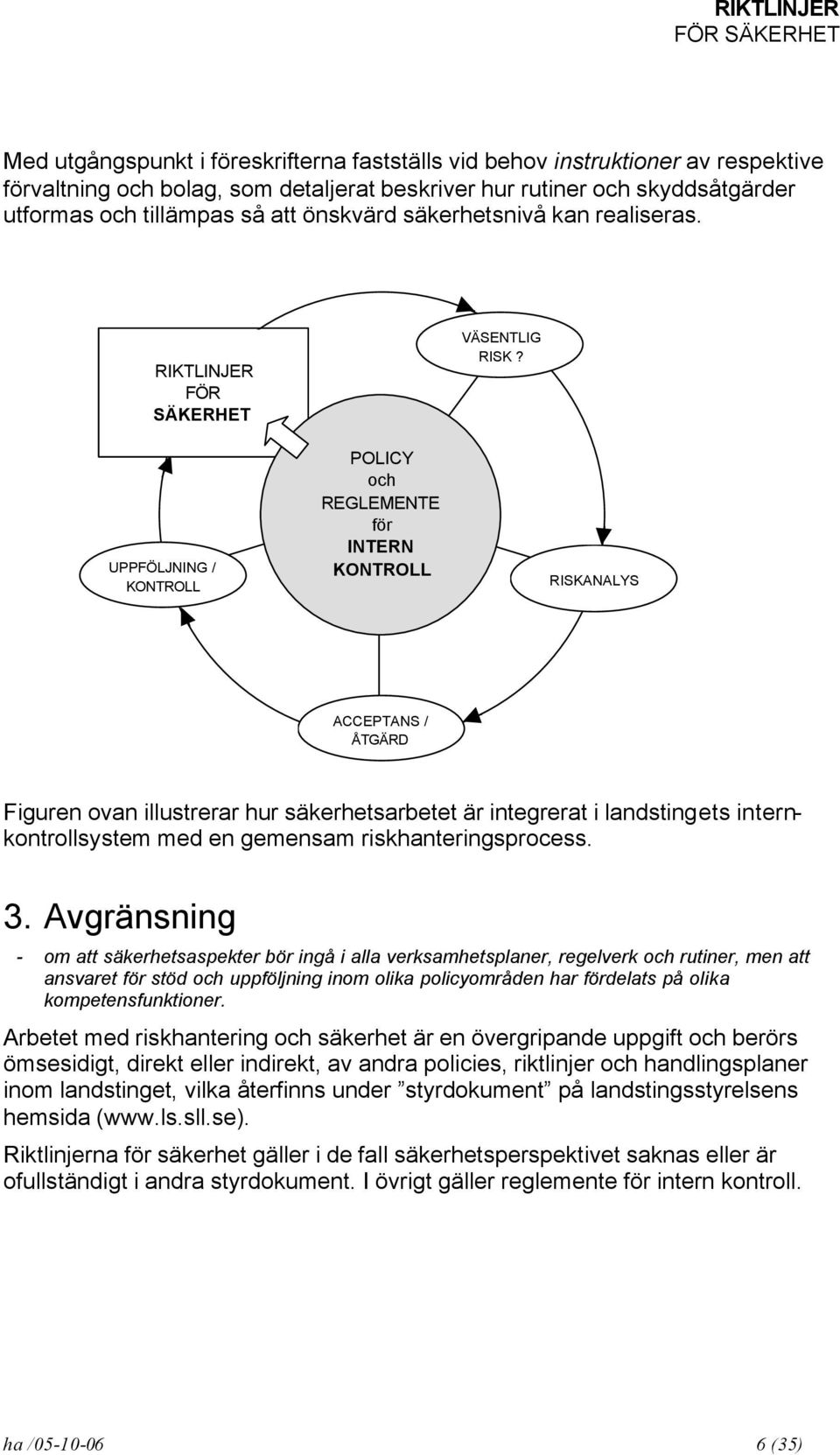 UPPFÖLJNING / KONTROLL POLICY och REGLEMENTE för INTERN KONTROLL RISKANALYS ACCEPTANS / ÅTGÄRD Figuren ovan illustrerar hur säkerhetsarbetet är integrerat i landstingets internkontrollsystem med en