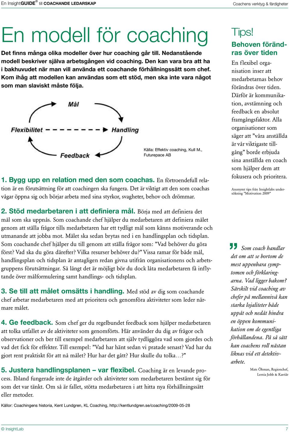 Kom ihåg att modellen kan användas som ett stöd, men ska inte vara något som man slaviskt måste följa. Källa: Effektiv coaching, Kull M., Futurepace AB 1. Bygg upp en relation med den som coachas.