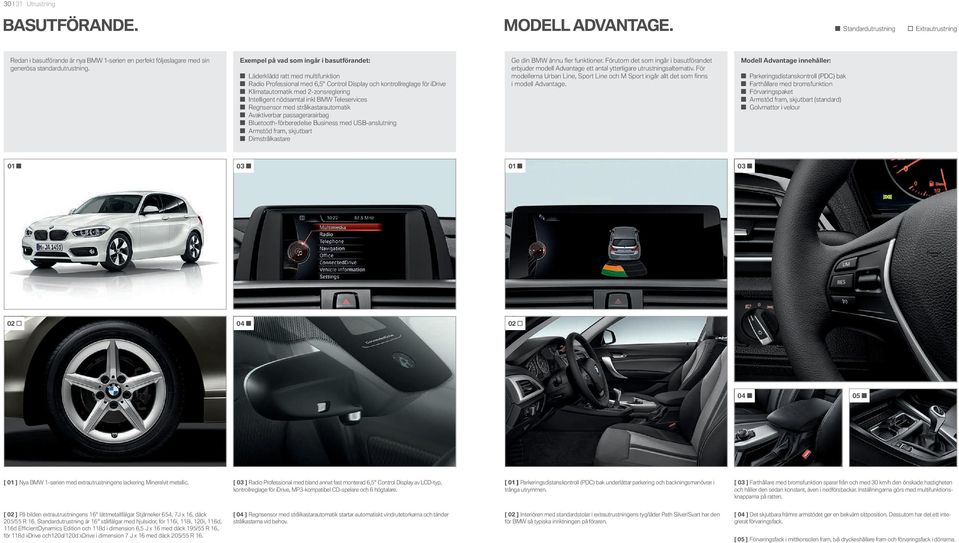 nödsamtal inkl BMW Teleservices Regnsensor med strålkastarautomatik Avaktiverbar passagerarairbag Bluetooth-förberedelse Business med USB-anslutning Armstöd fram, skjutbart Dimstrålkastare (FEJO#.