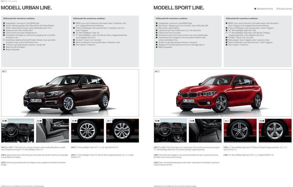 Instegslister i aluminium med BMW-logo Stolar i klädsel tyg/läder Path Silver/Svart eller Silver/Pärlgrå Stolar i läder Dakota Oyster, andra klädselalternativ fi nns Lädersportratt med multifunktion