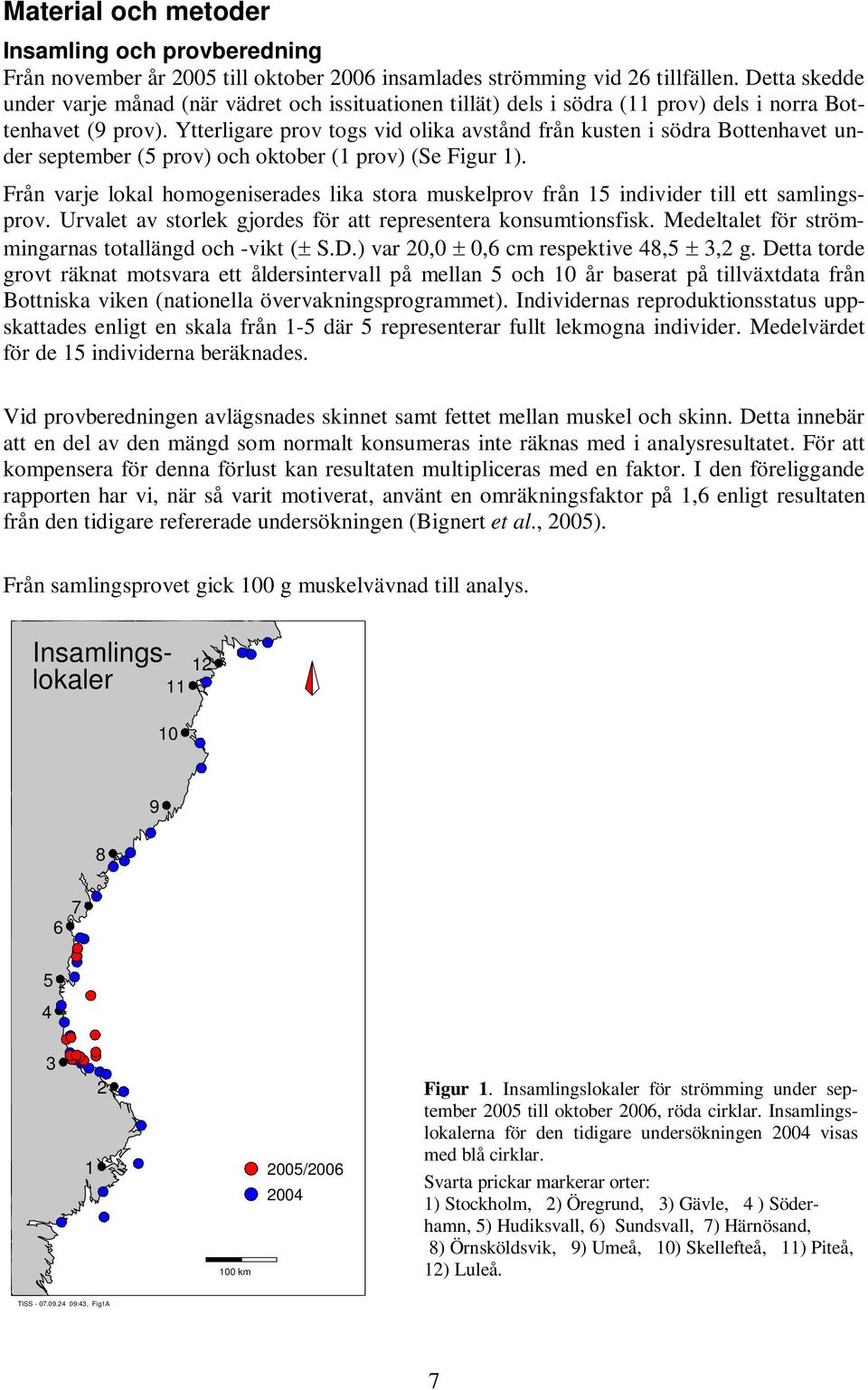 Ytterligare prov togs vid olika avstånd från kusten i södra Bottenhavet under september (5 prov) och oktober (1 prov) (Se Figur 1).