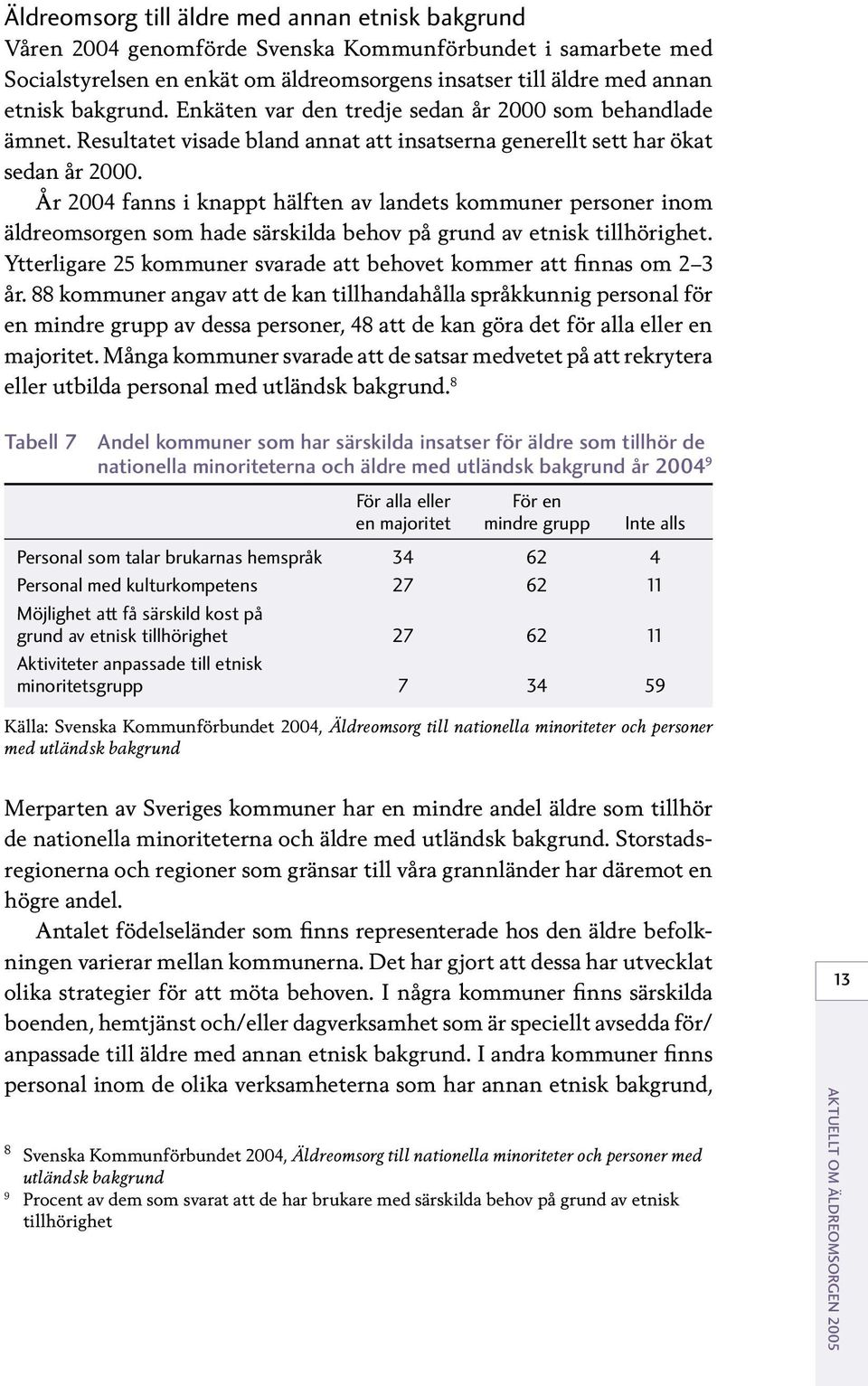 År 2004 fanns i knappt hälften av landets kommuner personer inom äldreomsorgen som hade särskilda behov på grund av etnisk tillhörighet.