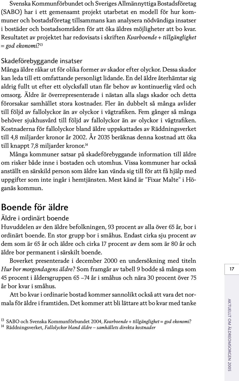 13 Skadeförebyggande insatser Många äldre råkar ut för olika former av skador efter olyckor. Dessa skador kan leda till ett omfattande personligt lidande.