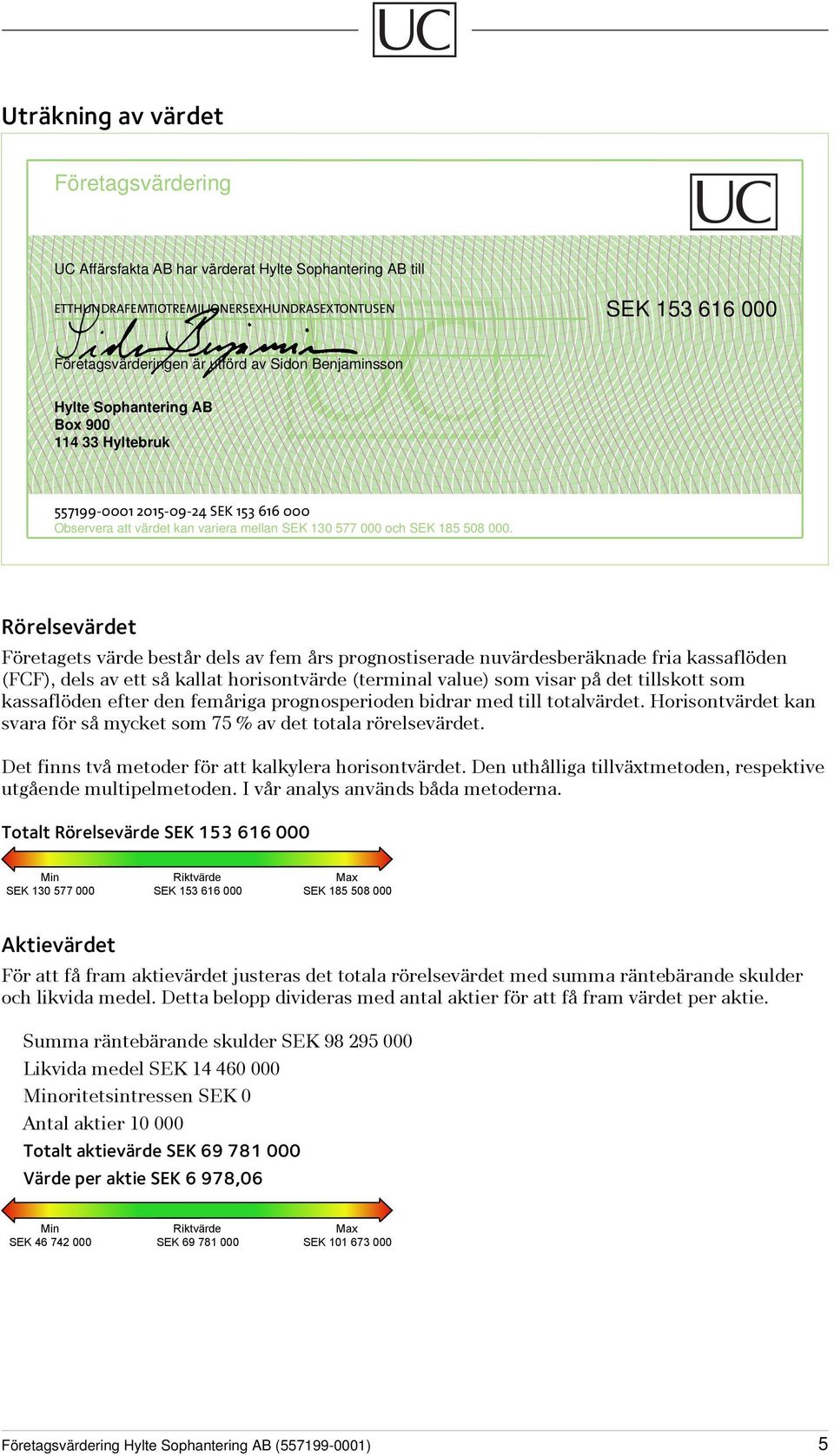 Rörelsevärdet Företagets värde består dels av fem års prognostiserade nuvärdesberäknade fria kassaflöden (FCF), dels av ett så kallat horisontvärde (terminal value) som visar på det tillskott som