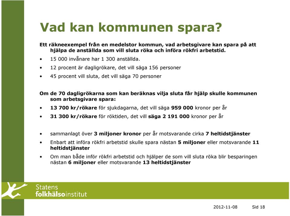 12 procent är dagligrökare, det vill säga 156 personer 45 procent vill sluta, det vill säga 70 personer Om de 70 dagligrökarna som kan beräknas vilja sluta får hjälp skulle kommunen som arbetsgivare