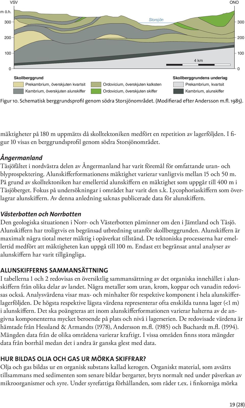 Skollberggrundens underlag Prekambrium, kvartsit Kambrium, alunskiffer Figur 10. Schematisk berggrundsprofil genom södra Storsjönområdet. (Modifierad efter Andersson m.fl. 1985).