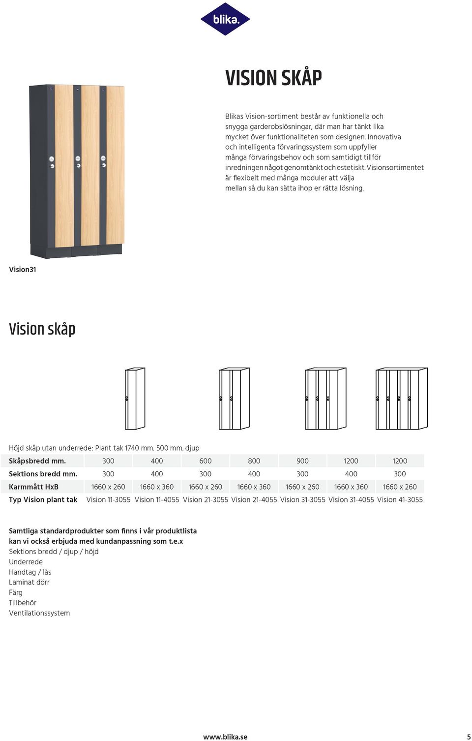 Visionsortimentet är flexibelt med många moduler att välja mellan så du kan sätta ihop er rätta lösning. Vision31 Vision skåp Höjd skåp utan underrede: Plant tak 1740 mm. 500 mm.