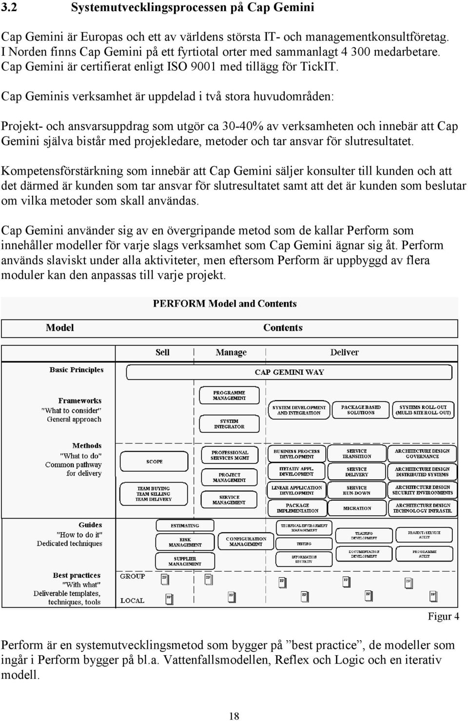 Cap Geminis verksamhet är uppdelad i två stora huvudområden: Projekt- och ansvarsuppdrag som utgör ca 30-40% av verksamheten och innebär att Cap Gemini själva bistår med projekledare, metoder och tar