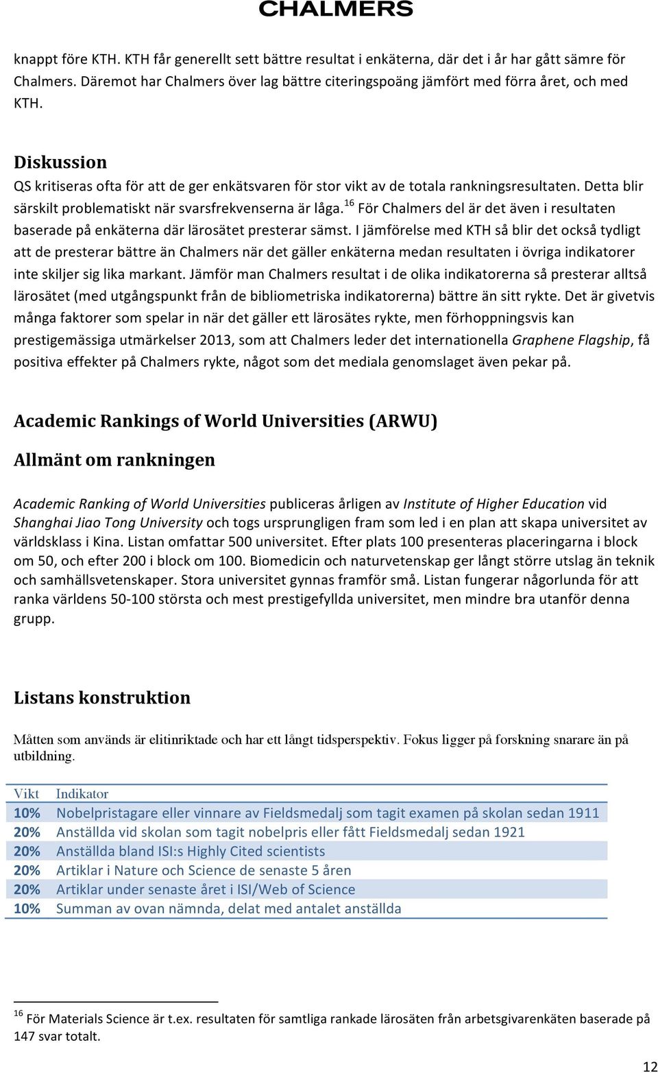 16 För Chalmers del är det även i resultaten baserade på enkäterna där lärosätet presterar sämst.