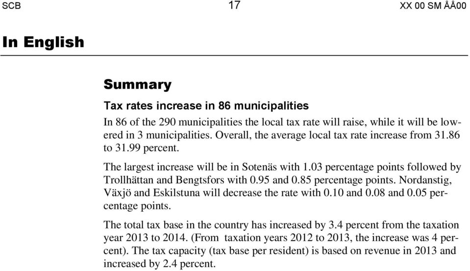 95 and 0.85 percentage points. Nordanstig, Växjö and Eskilstuna will decrease the rate with 0.10 and 0.08 and 0.05 percentage points. The total tax base in the country has increased by 3.