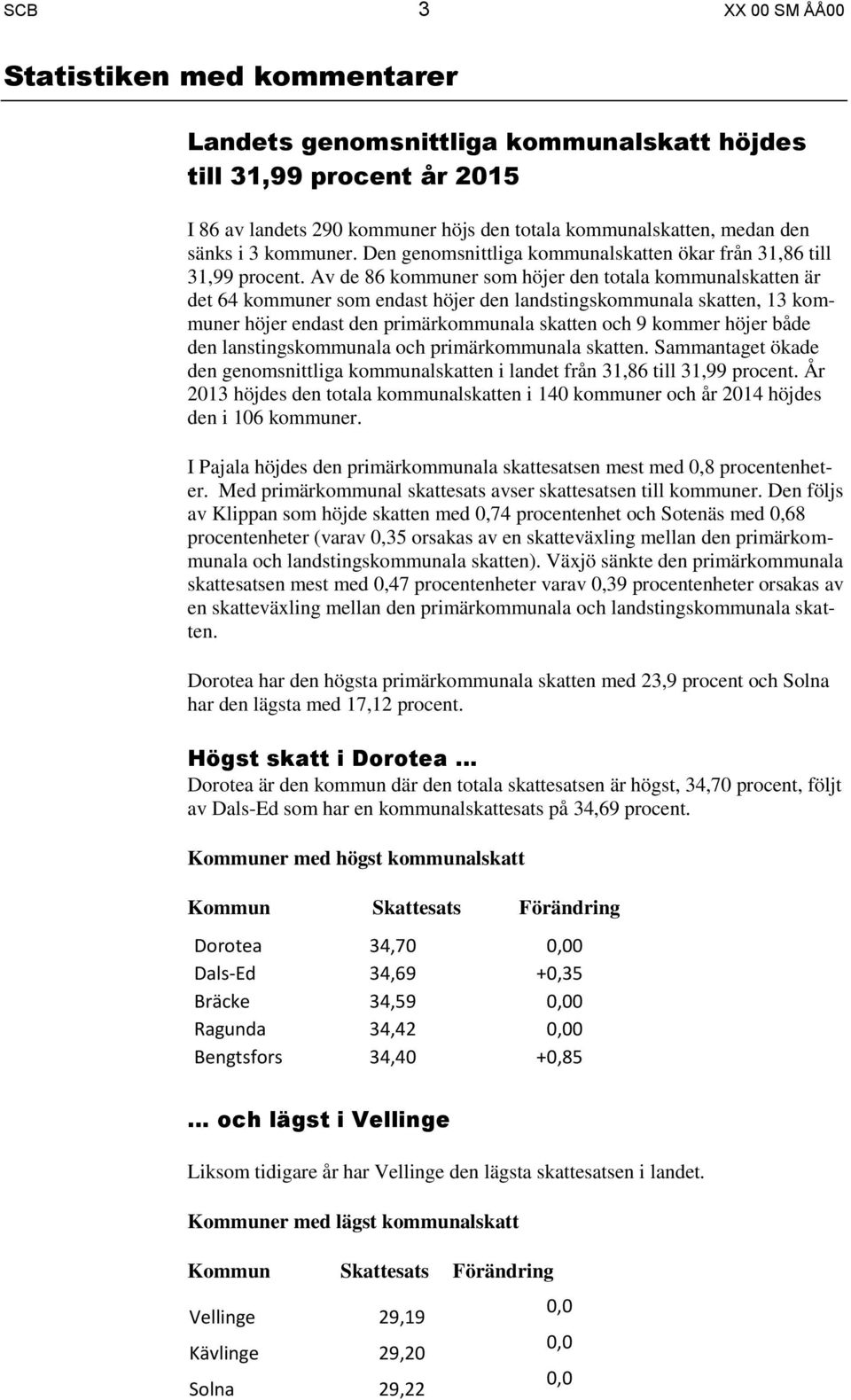 Av de 86 kommuner som höjer den totala kommunalskatten är det 64 kommuner som endast höjer den landstingskommunala skatten, 13 kommuner höjer endast den primärkommunala skatten och 9 kommer höjer