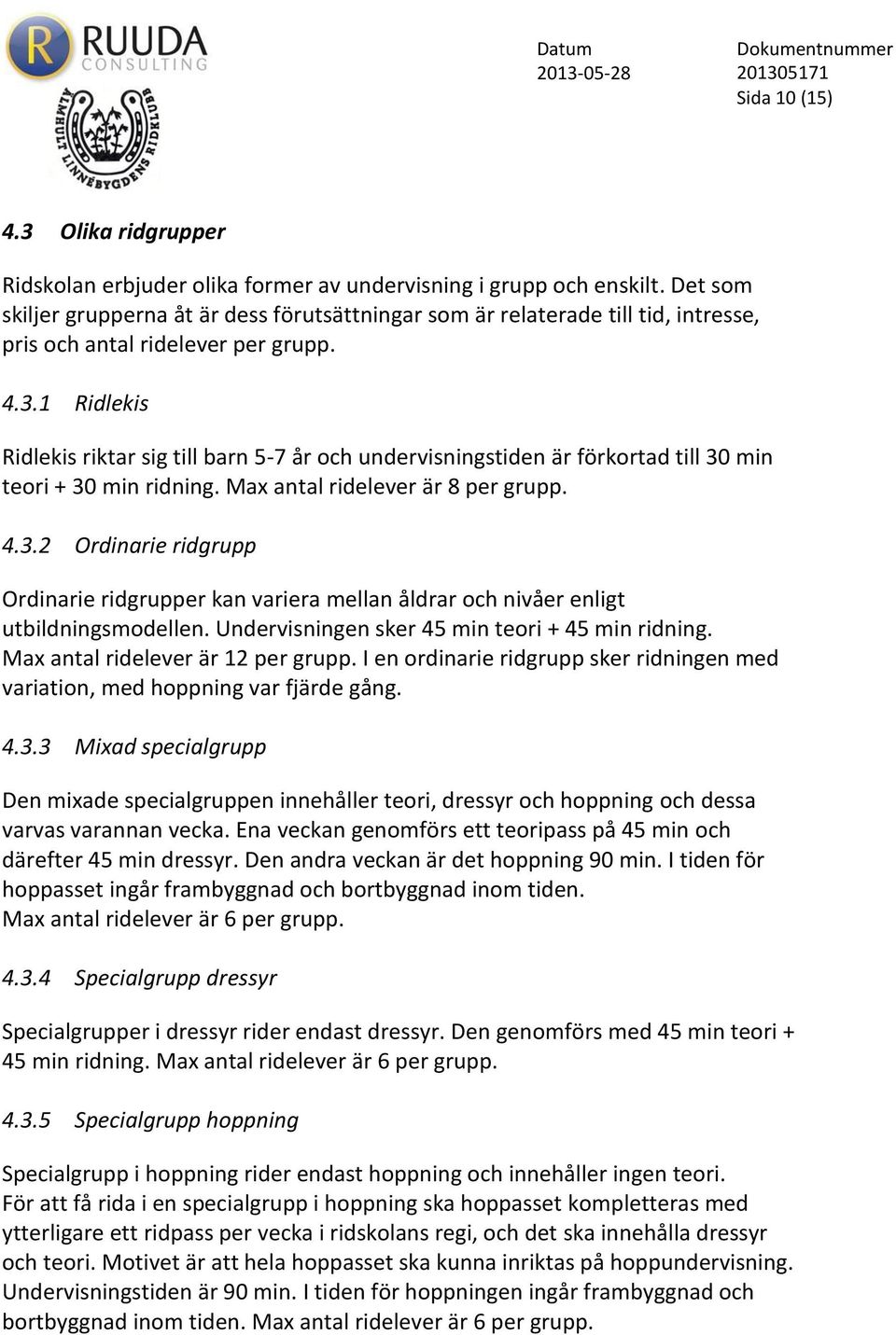 1 Ridlekis Ridlekis riktar sig till barn 5-7 år och undervisningstiden är förkortad till 30 min teori + 30 min ridning. Max antal ridelever är 8 per grupp. 4.3.2 Ordinarie ridgrupp Ordinarie ridgrupper kan variera mellan åldrar och nivåer enligt utbildningsmodellen.