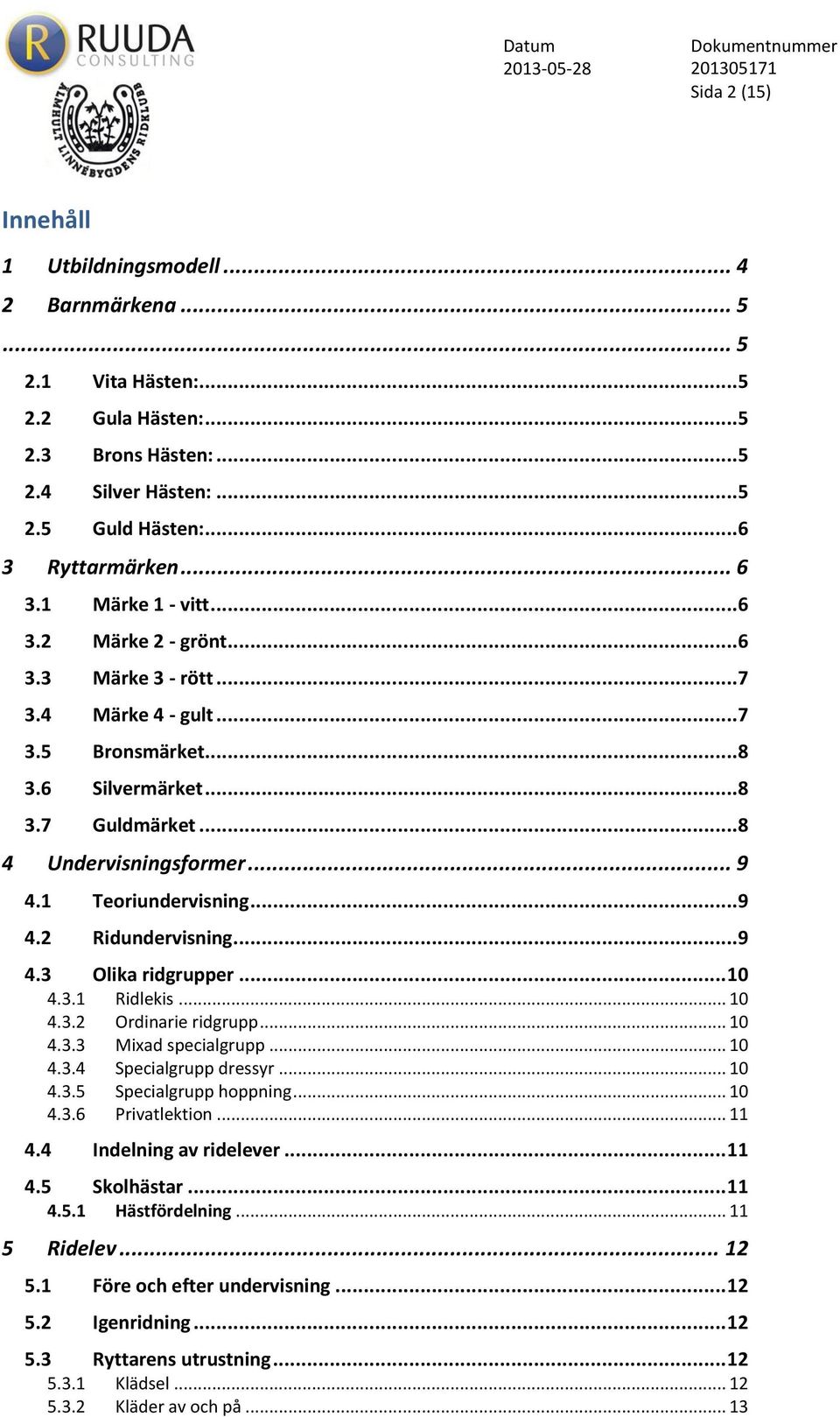 ..9 4.2 Ridundervisning...9 4.3 Olika ridgrupper... 10 4.3.1 Ridlekis... 10 4.3.2 Ordinarie ridgrupp... 10 4.3.3 Mixad specialgrupp... 10 4.3.4 Specialgrupp dressyr... 10 4.3.5 Specialgrupp hoppning.