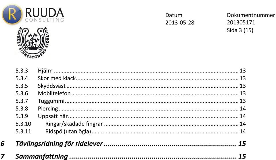 3.9 Uppsatt hår... 14 5.3.10 Ringar/skadade fingrar... 14 5.3.11 Ridspö (utan ögla).