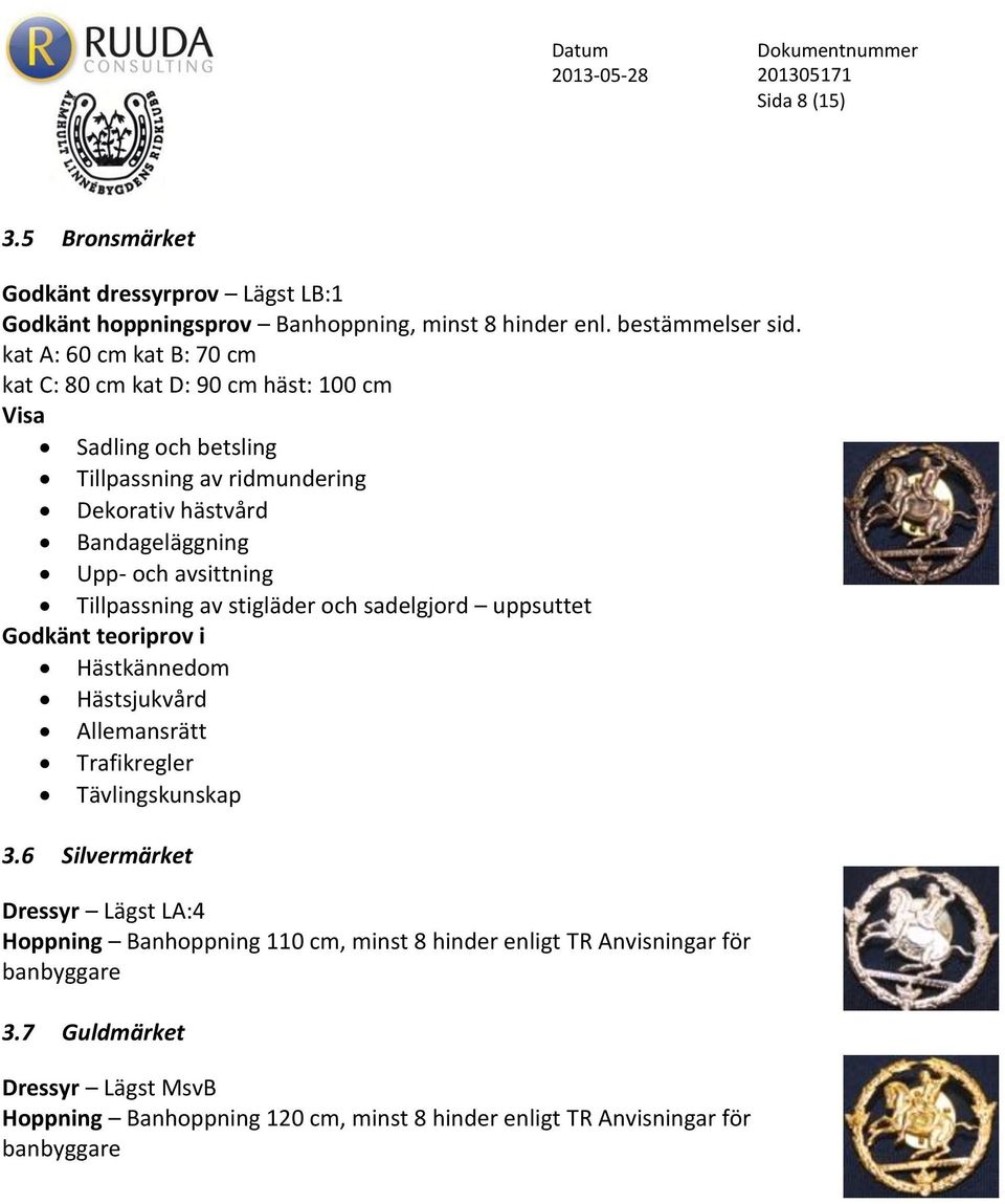 avsittning Tillpassning av stigläder och sadelgjord uppsuttet Godkänt teoriprov i Hästkännedom Hästsjukvård Allemansrätt Trafikregler Tävlingskunskap 3.