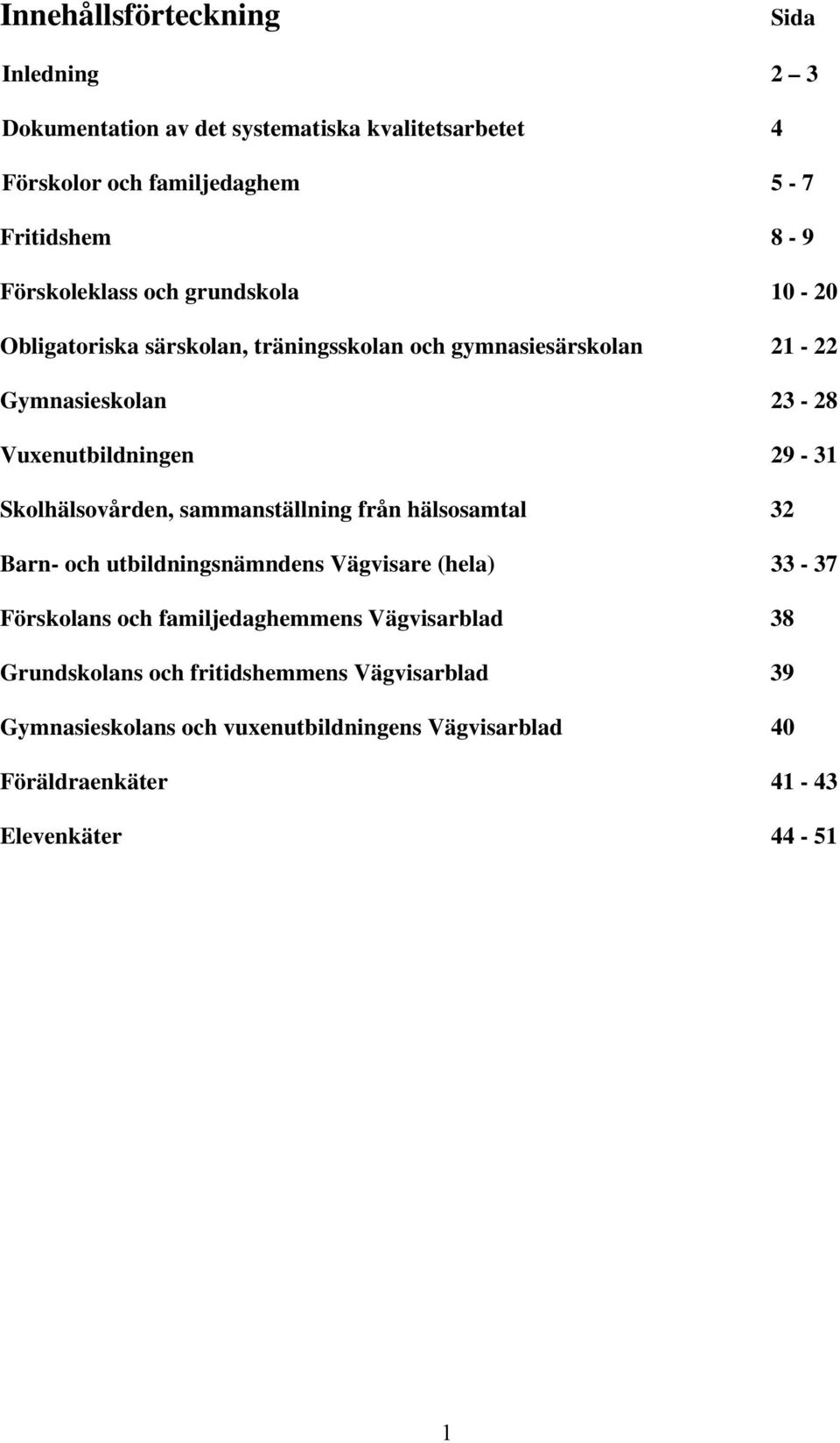 29-31 Skolhälsovården, sammanställning från hälsosamtal 32 Barn- och utbildningsnämndens Vägvisare (hela) 33-37 Förskolans och familjedaghemmens