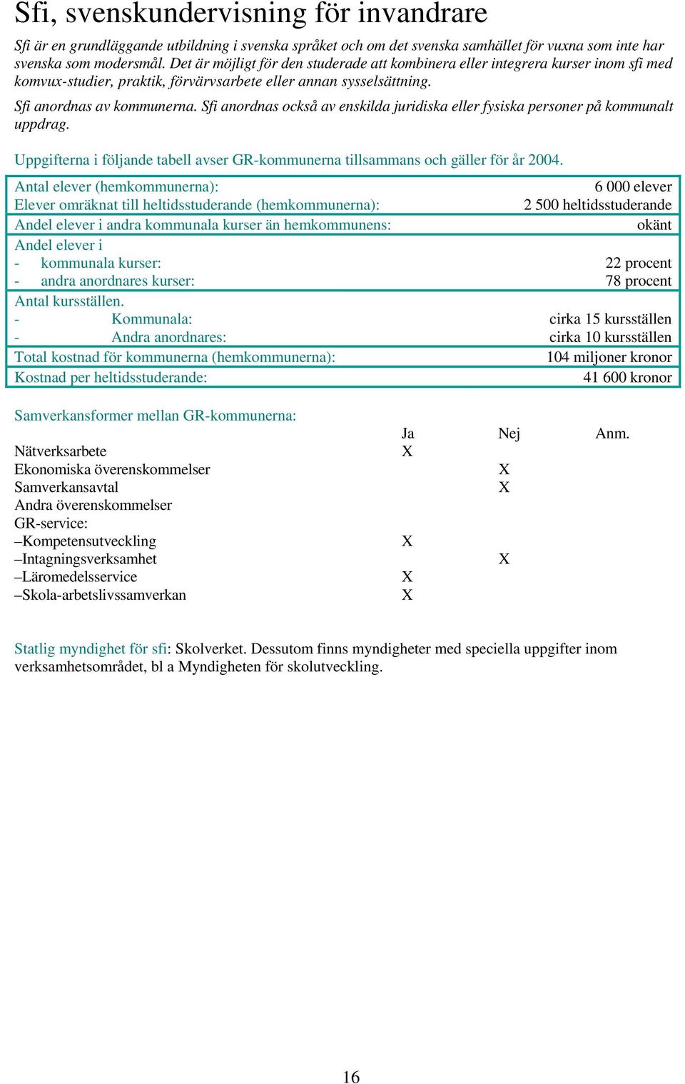 Sfi anordnas också av enskilda juridiska eller fysiska personer på kommunalt uppdrag. Uppgifterna i följande tabell avser GR-kommunerna tillsammans och gäller för år 2004.