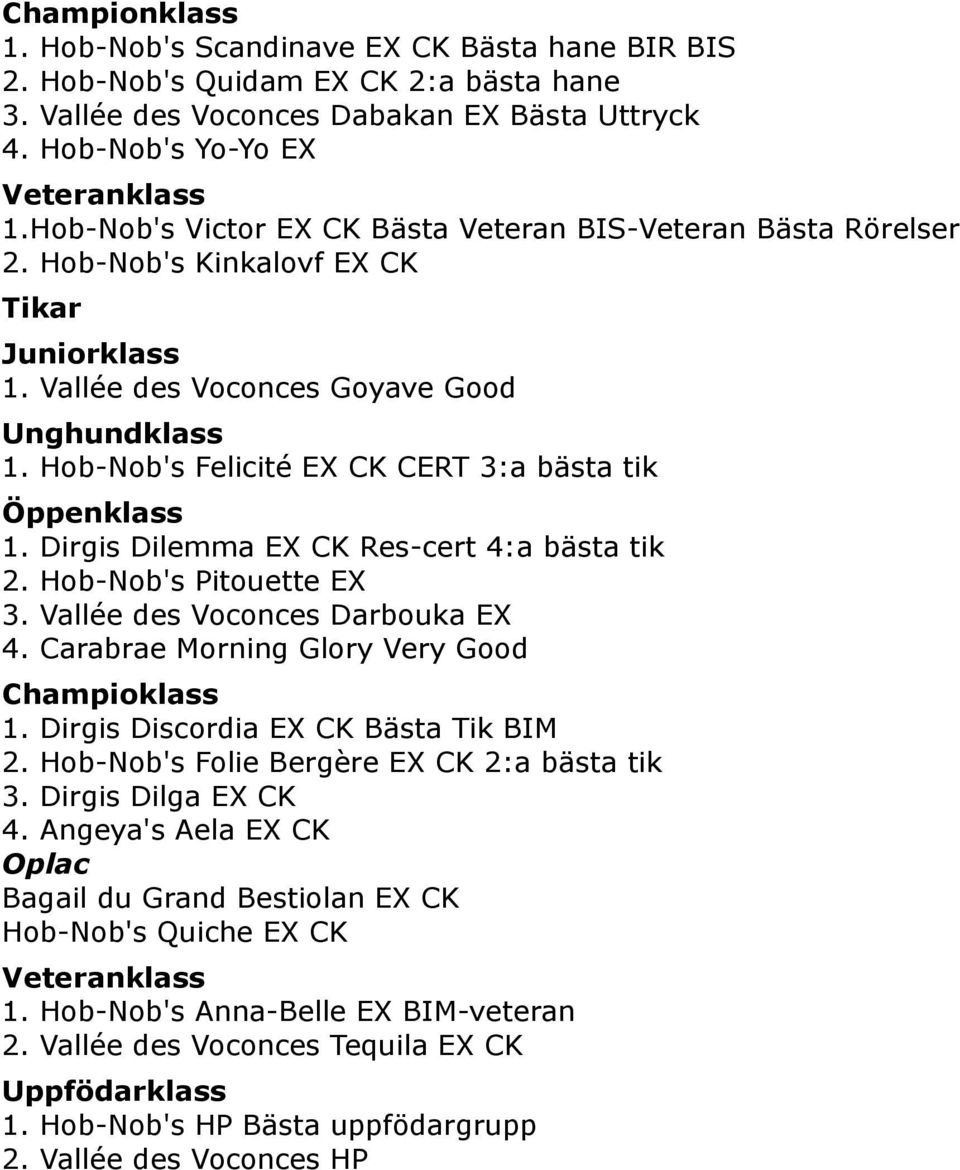 Hob-Nob's Felicité EX CK CERT 3:a bästa tik Öppenklass 1. Dirgis Dilemma EX CK Res-cert 4:a bästa tik 2. Hob-Nob's Pitouette EX 3. Vallée des Voconces Darbouka EX 4.