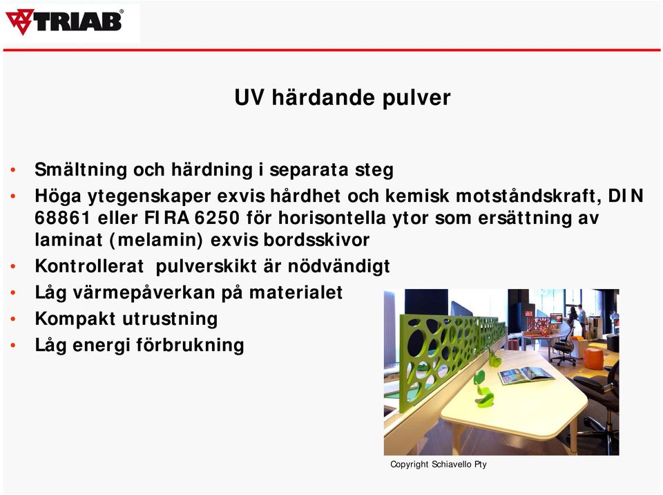 ersättning av laminat (melamin) exvis bordsskivor Kontrollerat pulverskikt är nödvändigt